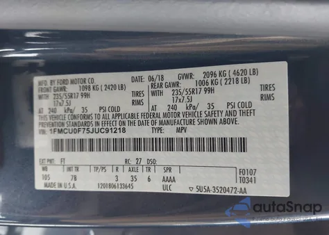 2018 Ford Escape S z USA, uszkodzony, nr VIN 1FMCU0F75JUC91218